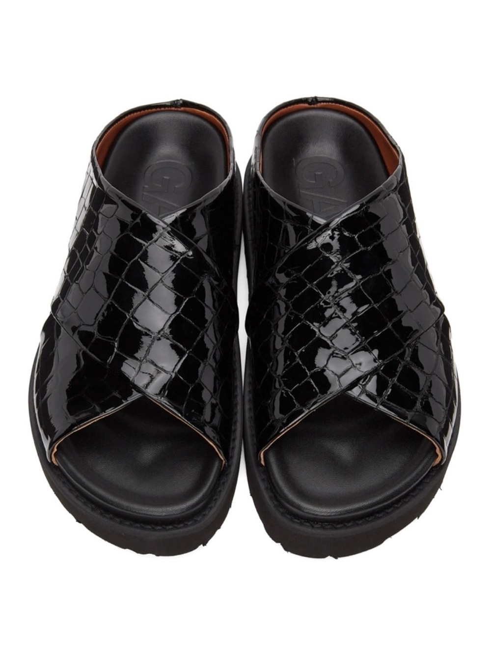 Ganni Black Patent  Croc-Embossed Cross-Strap Slide Sandals NWOB